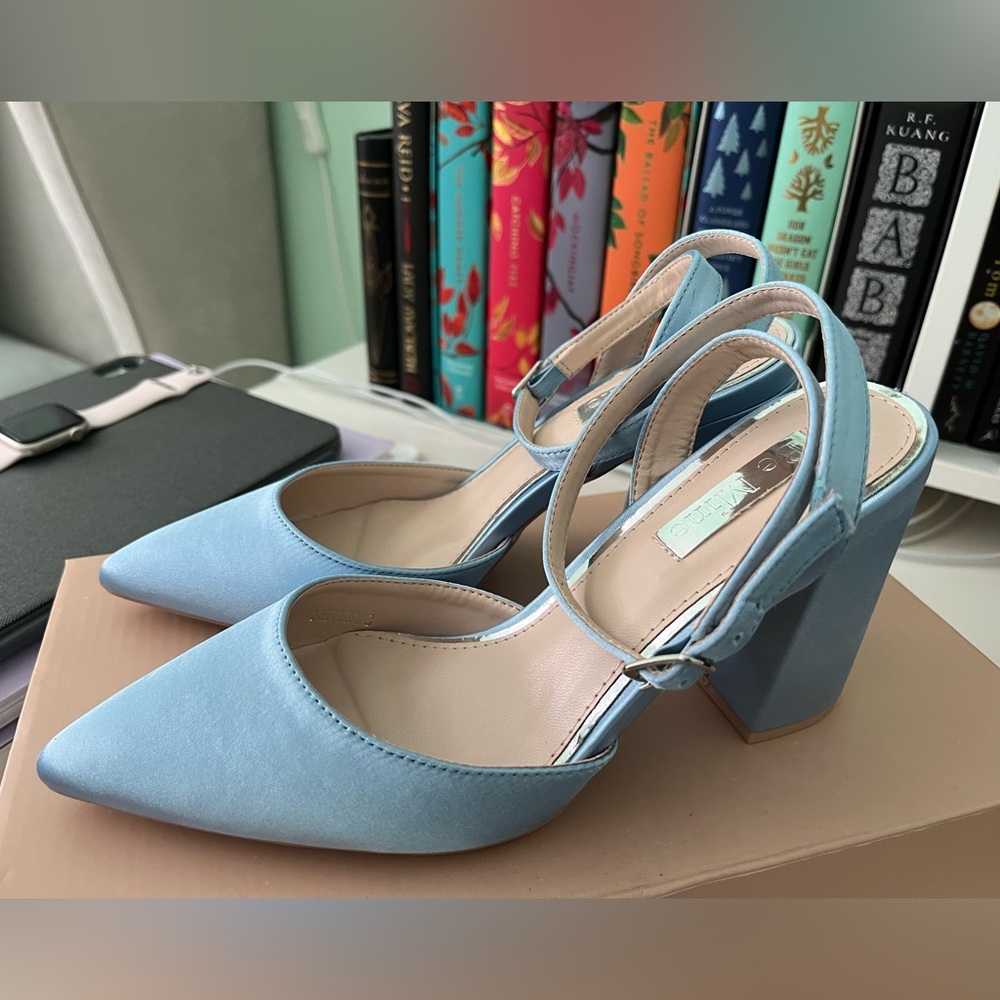 Be Mine Neima Block Heeled Shoes in Pale Blue Satin from ASOS (Size US 5/UK 3)